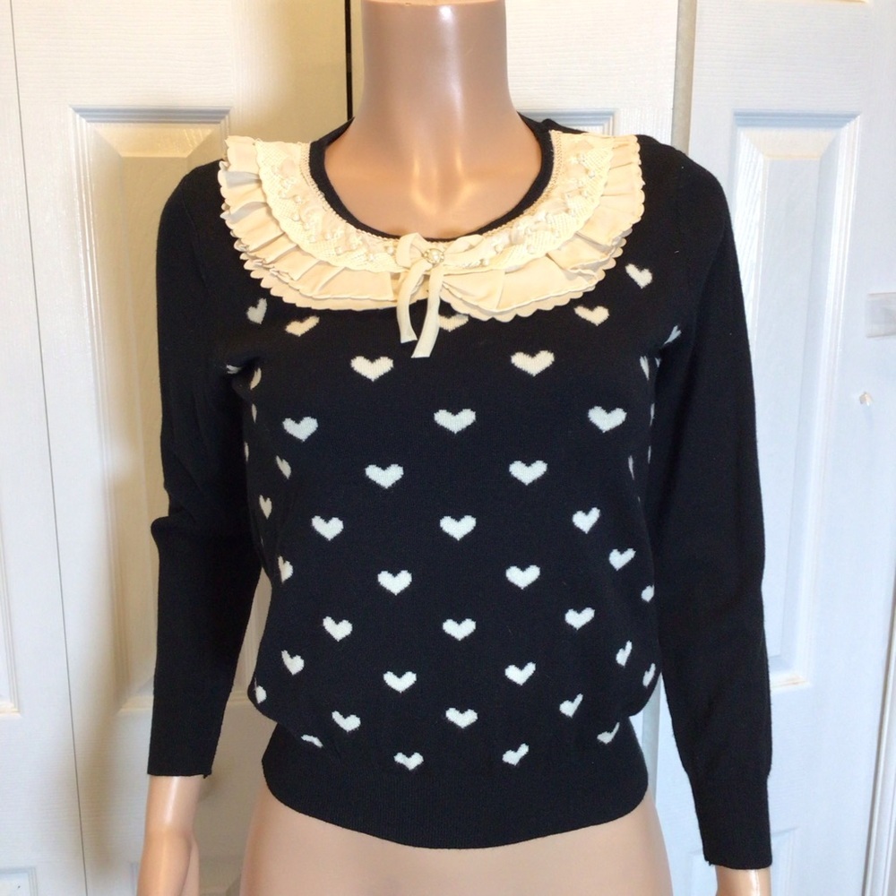 Womens Pullover Sweater Made in Korea Cottagecore Hearts Lace Collar Size Small. - Picture 2 of 10